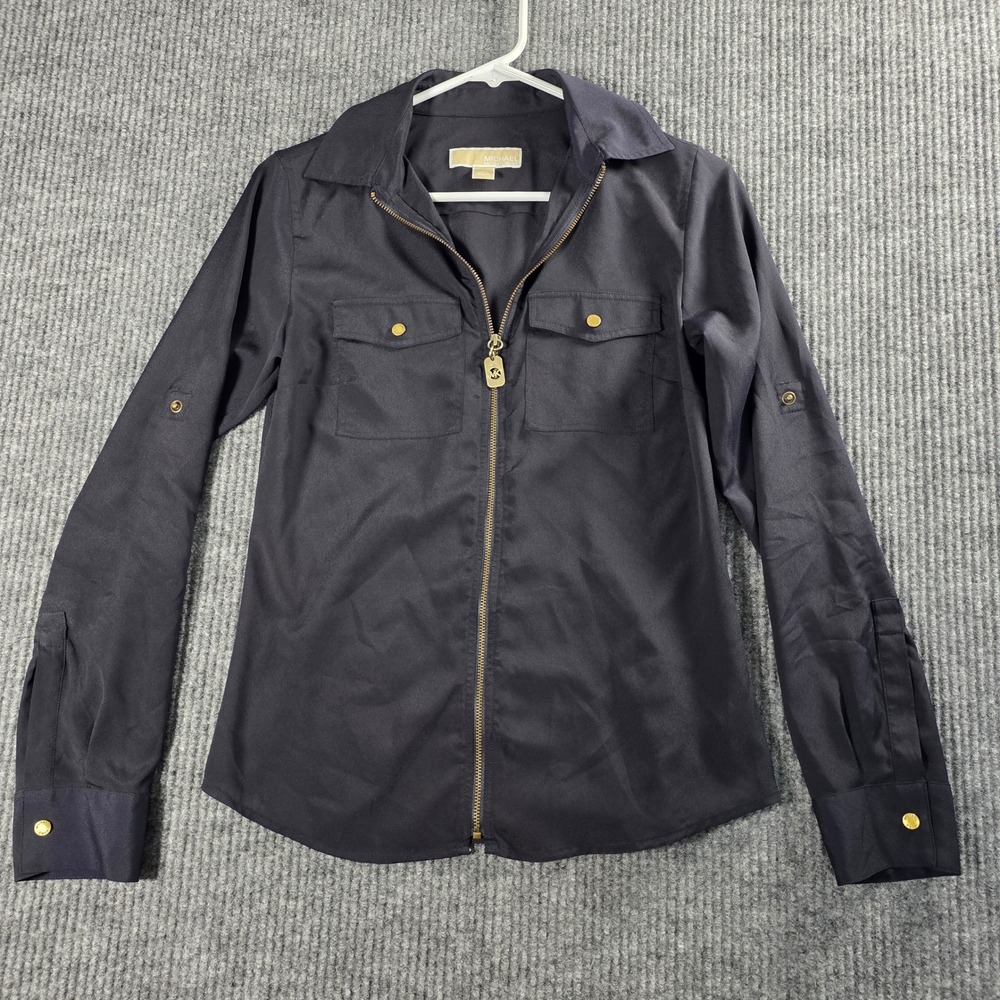 Michael Michael Kors Womens‎ Black Full Zip Roll Tab Sleeve Utility Shirt XS